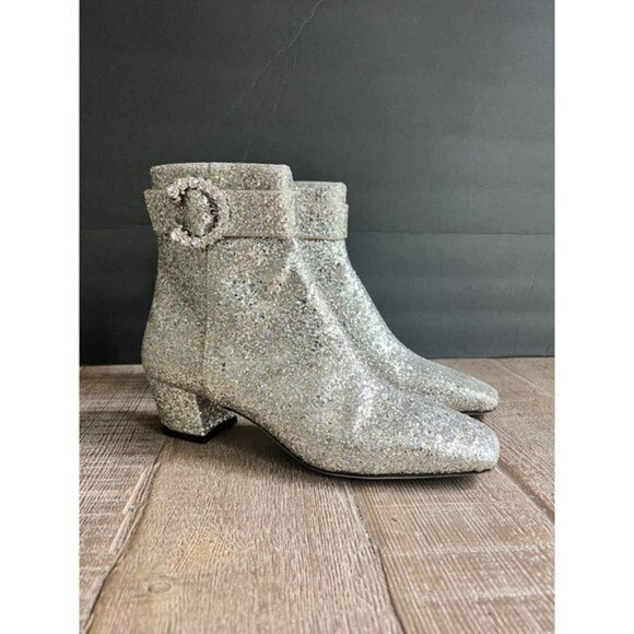 Jimmy Choo Platinum Crystal Myan 45mm Glittered Leather Ankle Boots Size 36.5 - Picture 3 of 12